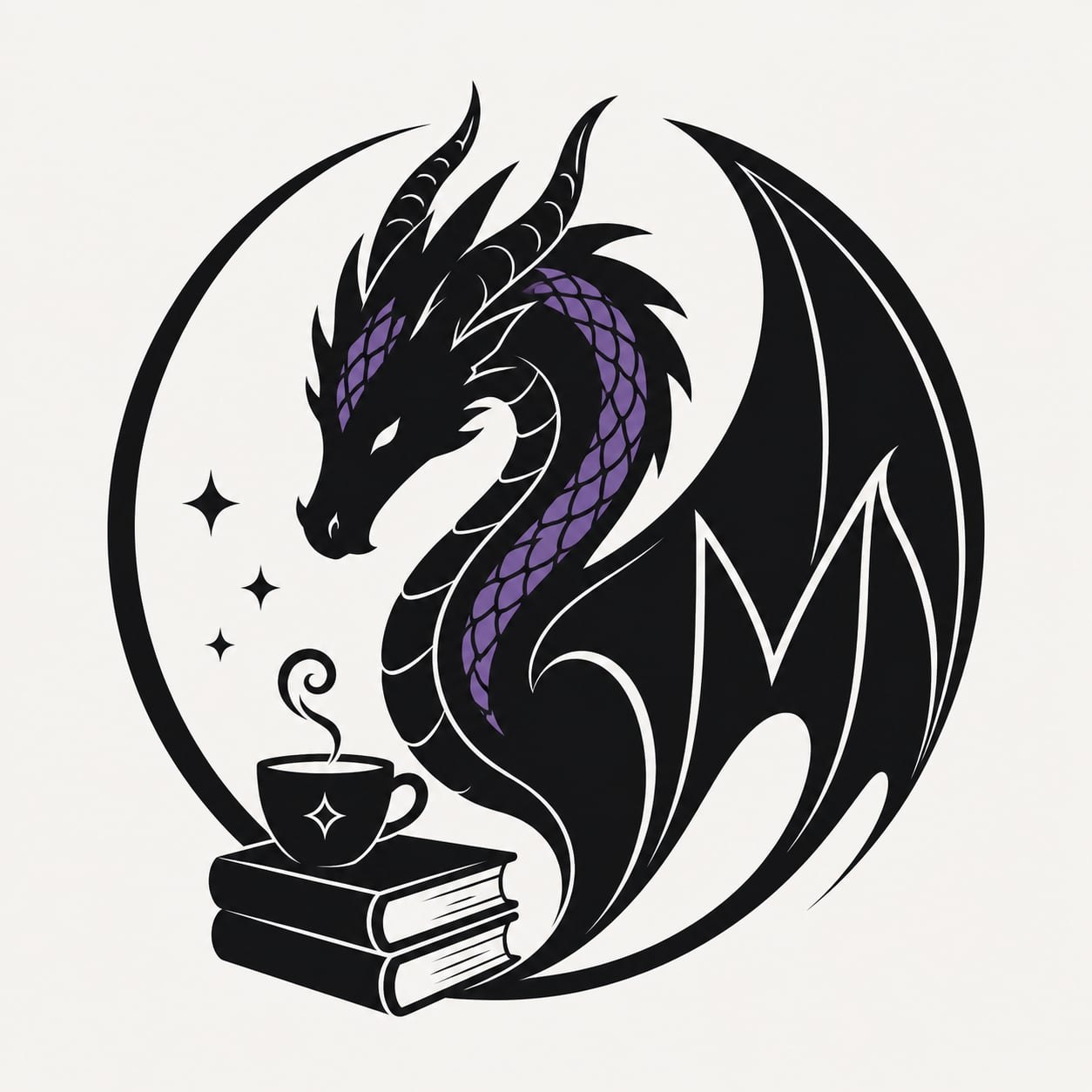 MisfitNook dragon curled around books and a coffee cup